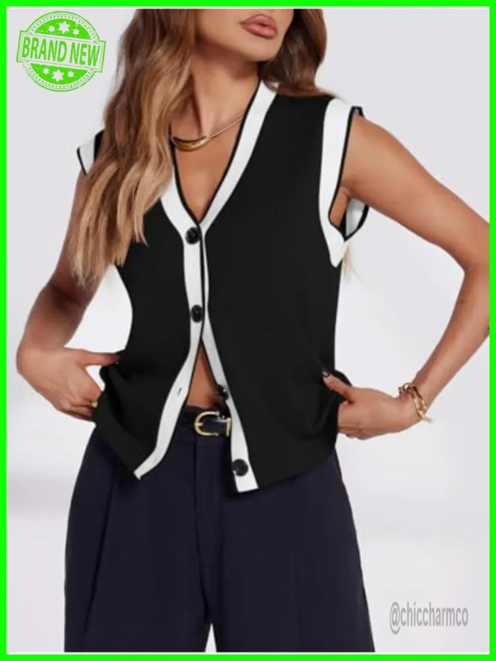 Women's V Neck Sweater Vest Button Down Cap Sleeve Loose Knit Tank Top